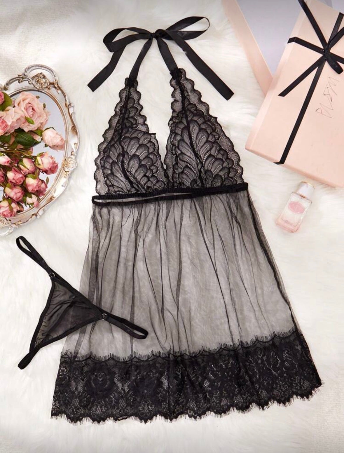 Black flower babydoll
